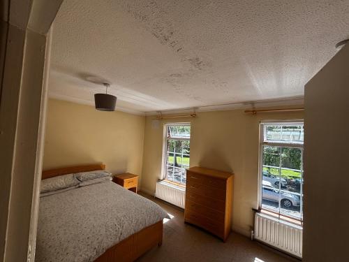 a bedroom with a bed and two windows at Dublin 12 house in Dublin