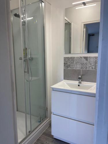 a bathroom with a glass shower and a sink at Gite de la vallée in Rochechouart