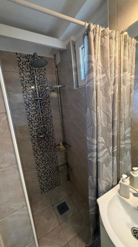 a bathroom with a shower and a sink at Niki Vendégház in Abaliget