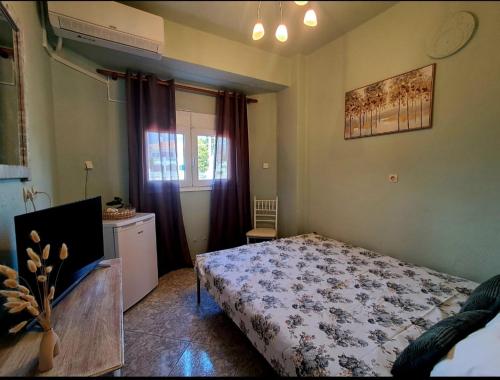 a bedroom with a bed and a television in it at Helen's studio in Leptokarya