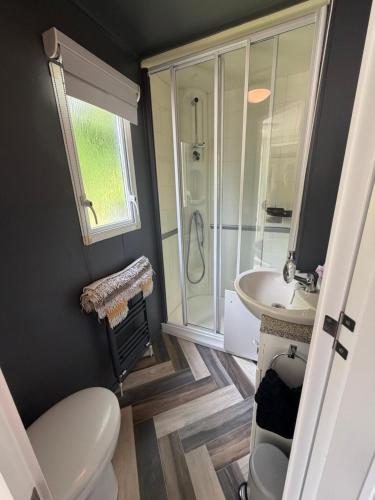 a bathroom with a shower and a toilet and a sink at Lisa retreat in Preston