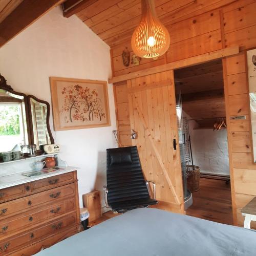 a bedroom with a bed and a chandelier at Chambre d'hôte Le Châtaignier in Planchez