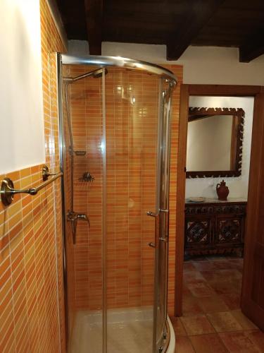 a shower with a glass door in a bathroom at El Silencio in Mesegal