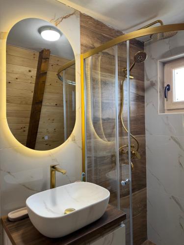 a bathroom with a sink and a shower at Etno Selo Dolina Pive in Plužine