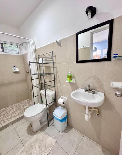 a bathroom with a sink and a toilet and a mirror at Private apartment near the esplanade - KB2 in Campeche