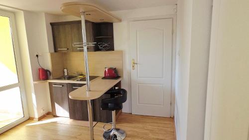a small kitchen with a counter in a room at Willa Marand in Jastarnia