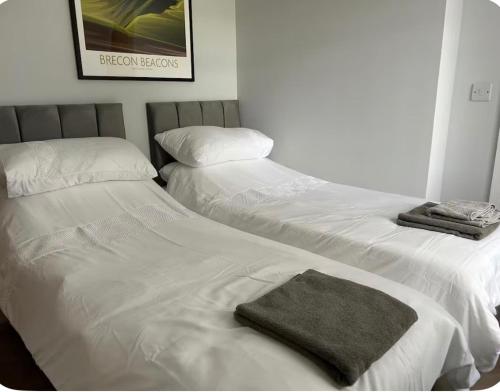 two beds sitting next to each other in a room at The Loft Town Centre in Merthyr Tydfil
