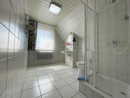 a bathroom with a shower and a toilet at Pension Murra in Stedesdorf