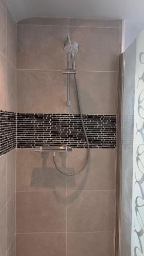 a shower with a shower head in a bathroom at The Burrow in Kendal