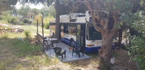 a bus parked next to a table and a tree at Bus aménagé in Millas