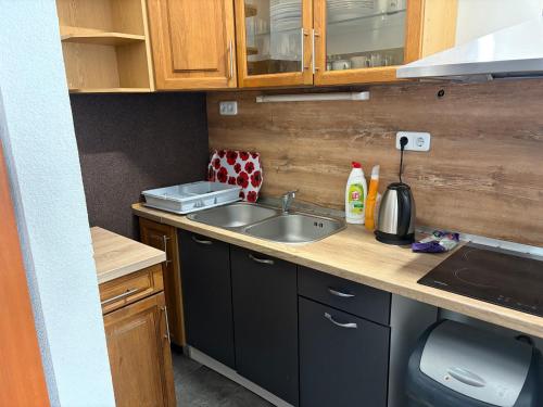a small kitchen with a sink and a counter at Újszeged apartman in Szeged