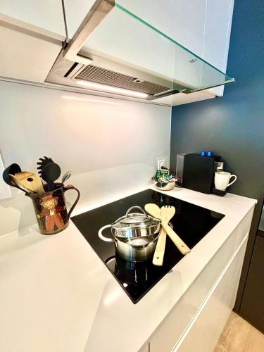 a kitchen counter with a stove with a pot on it at Heyko Holiday Interlaken in Interlaken