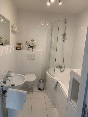 a white bathroom with a sink toilet and a shower at Country house in Svidník