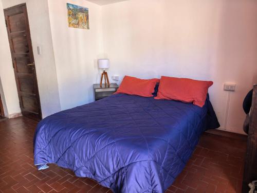 a bedroom with a blue bed with two red pillows at ElPoro in Purmamarca
