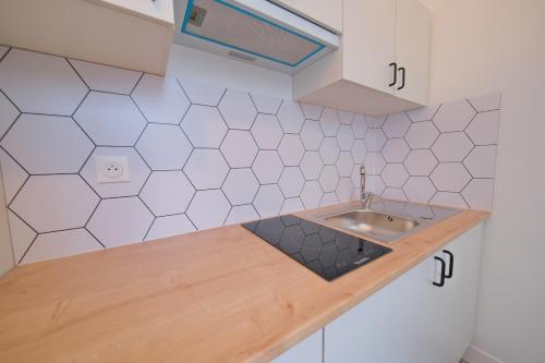 a small kitchen with a sink and a counter at Margherita in Reims
