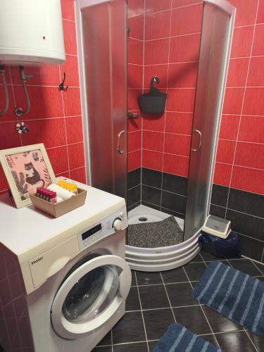 ein Badezimmer mit Waschmaschine und Dusche in der Unterkunft Ki-Mi-Self Check-In in Krapina