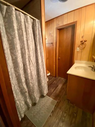 a bathroom with a shower curtain and a sink at Shady Oak in Concan