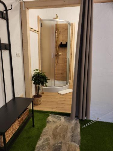 a walk in shower in a room with green grass at Pajtl indoor glamping in Črna na Koroškem