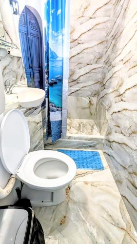 a bathroom with a white toilet and a blue door at Ploiești Centru in Ploieşti