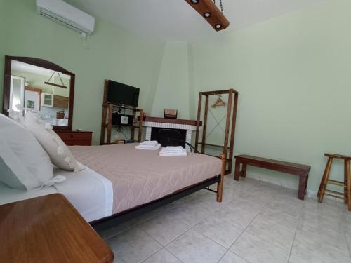 a bedroom with a bed and a mirror and a tv at Forest Retreat Near the Sea Kouvaras in Kouvarás