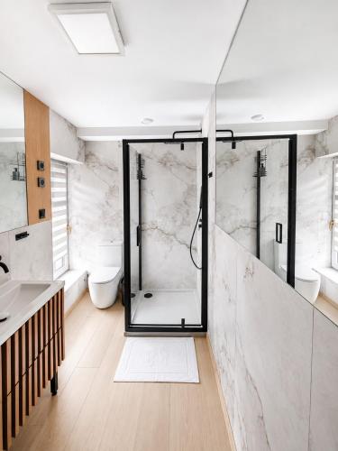 a bathroom with a shower and a glass door at Apartament Rynek Szmaragd in Szamotuły