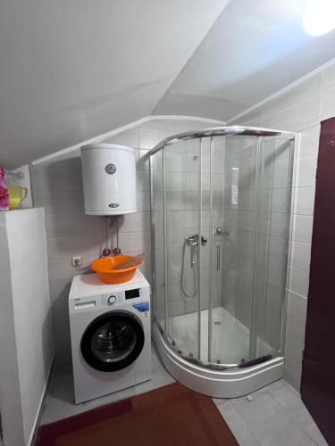 a bathroom with a shower and a washing machine at Beara in Lepetani