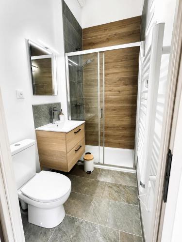 a bathroom with a toilet and a sink and a shower at Le petit repère in Jujurieux