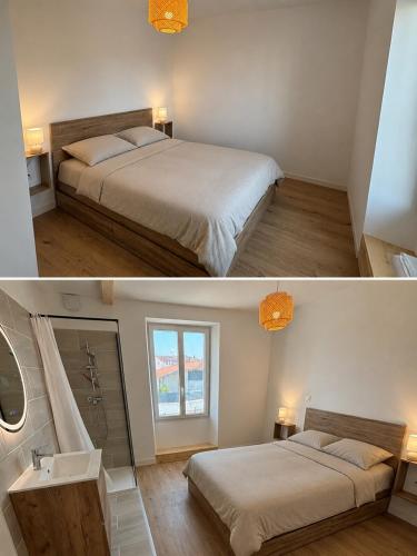 two pictures of a bedroom with two beds and a bathroom at Maison de vacance à DAX in Dax