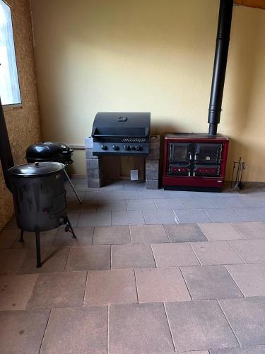 a kitchen with a stove and a grill at Chalet pri studenom potoku in Stará Lesná