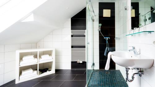 La salle de bains est pourvue d'un lavabo, de toilettes et d'une douche. dans l'établissement Cityhouse Apartments Schladming, à Schladming