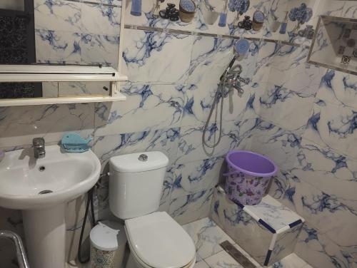 a blue and white bathroom with a toilet and a sink at Oualidia in Oualidia