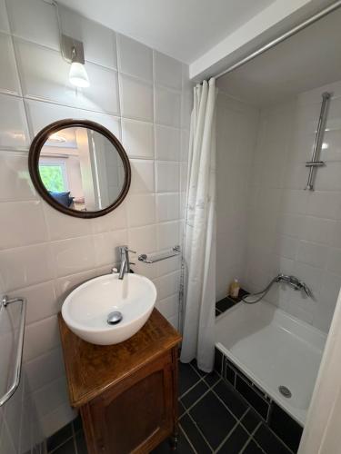 a bathroom with a sink and a mirror and a tub at Cosy Studio naast station vlak bij Brussel in Hoeilaart