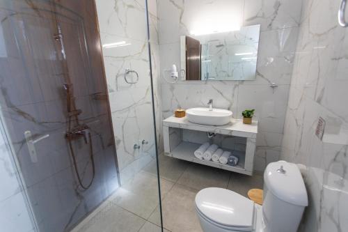 a bathroom with a shower and a toilet and a sink at Sunrise Beach Hotel in Ammoudia