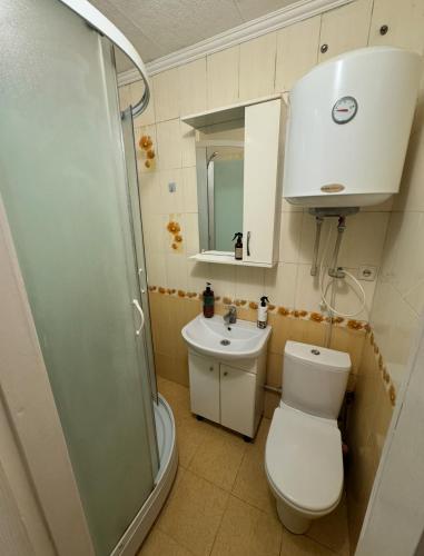 a bathroom with a toilet and a sink and a shower at Odesa Krasna, 8 Apart in Odesa