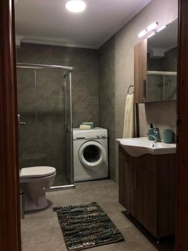 a bathroom with a washing machine and a sink at Timeless Memories Studio in Zipárion