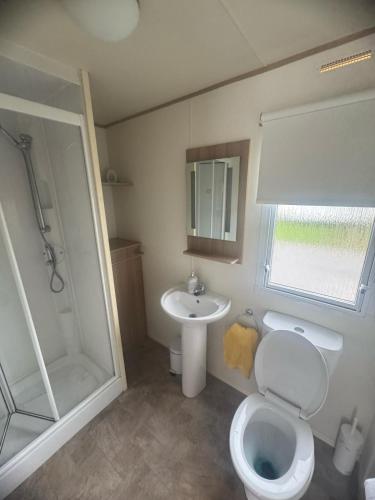 a small bathroom with a toilet and a sink at Lyon's Robin Hood Rhyl 8 Berth Caravan in Rhyl