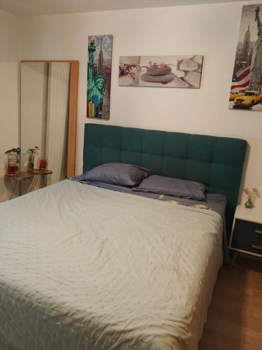 a bed with a green headboard in a bedroom at Home luna &zeus in Lausanne