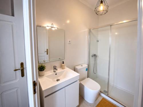 a bathroom with a toilet and a sink and a shower at Botânico Guesthouse in Nordeste