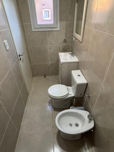 a bathroom with a toilet and a sink at Añelo Garden Inn in Añelo