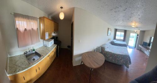 a bedroom with a bed and a sink in a room at Pine Creek Motel in Waskatenau