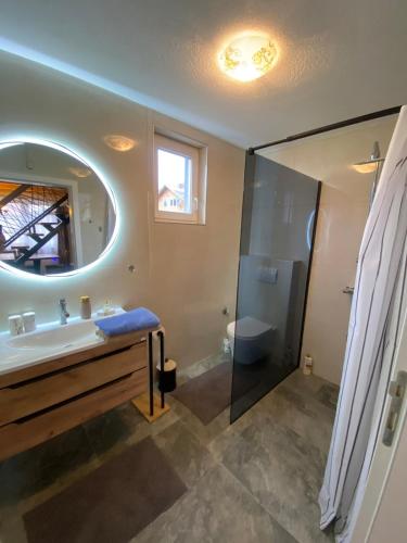 a bathroom with a sink and a shower and a mirror at Dutaka Boutique Villa with Pool in Polje Ostružnica
