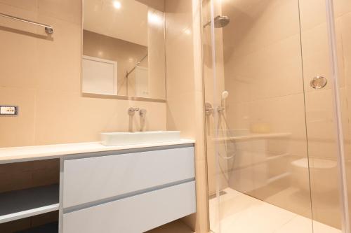 a bathroom with a shower and a sink and a toilet at Aria Apartment 1 in Dhërmi