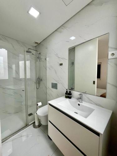a bathroom with a sink and a shower and a toilet at Casa Augusta 6 in Braga