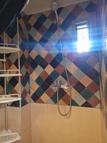 a shower in a bathroom with a colorful wall at La villa de mamie in Dar Ito Lahssene