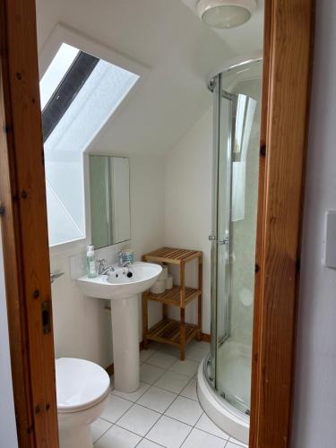 a bathroom with a shower and a toilet and a sink at Lotties Neuk in Lerwick