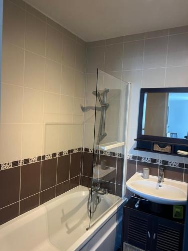 a bathroom with a bath tub and a sink at Le Nid Douillet in Compiègne