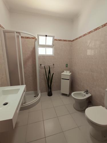 a bathroom with a toilet and a shower and a sink at Dotty's House in Gaula