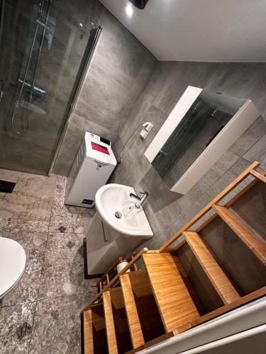 a bathroom with a toilet and a sink and a shower at Abildsø Apartment in Oslo