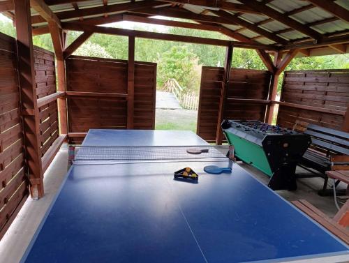 a large blue ping pong table in a pavilion with a ping pong at Agrodomek in Łowyń
