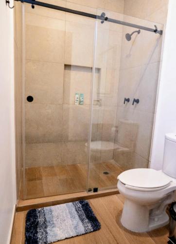 a bathroom with a shower with a toilet at Casa Puerto Azul in San Carlos